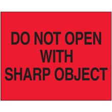 "Do Not Open with Sharp Object" (Fluorescent Red) Labels