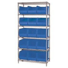 6 Shelf Wire Shelving Unit with (15) Blue Bins