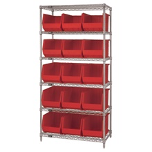 6 Shelf Wire Shelving Unit with (15) Red Bins