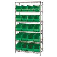 6 Shelf Wire Shelving Unit with (20) Green Bins