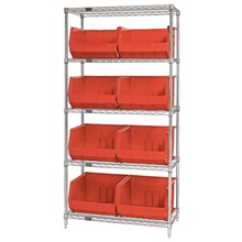 36 x 18 x 74" - 5 Shelf Wire Shelving Unit with (8) Red Bins