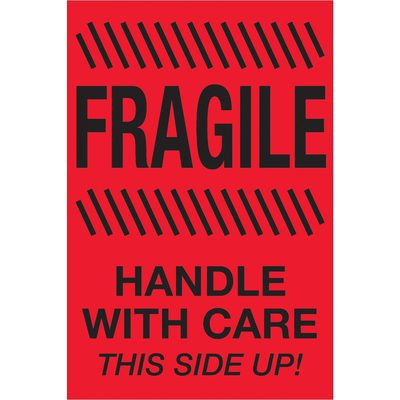 "Fragile - Handle With Care - This Side Up" (Fluorescent Red) Labels (500/Roll)