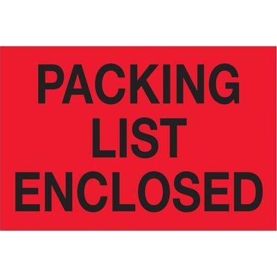 "Packing List Enclosed" (Fluorescent Red) Labels (500/Roll)