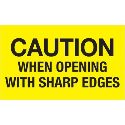 "Caution When Opening With Sharp Edges" (Fluorescent Yellow) Labels (500/Roll)