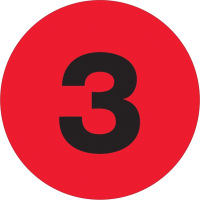 Circle - "3" (Fluorescent Red) Number Labels (500/Roll)