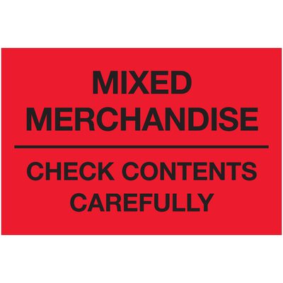"Mixed Merchandise - Check Contents Carefully" (Fluorescent Red) Labels (500/Roll)