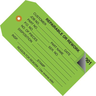 "Repairable or Rework" Inspection Tags 2 Part - Numbered 000 - 499
