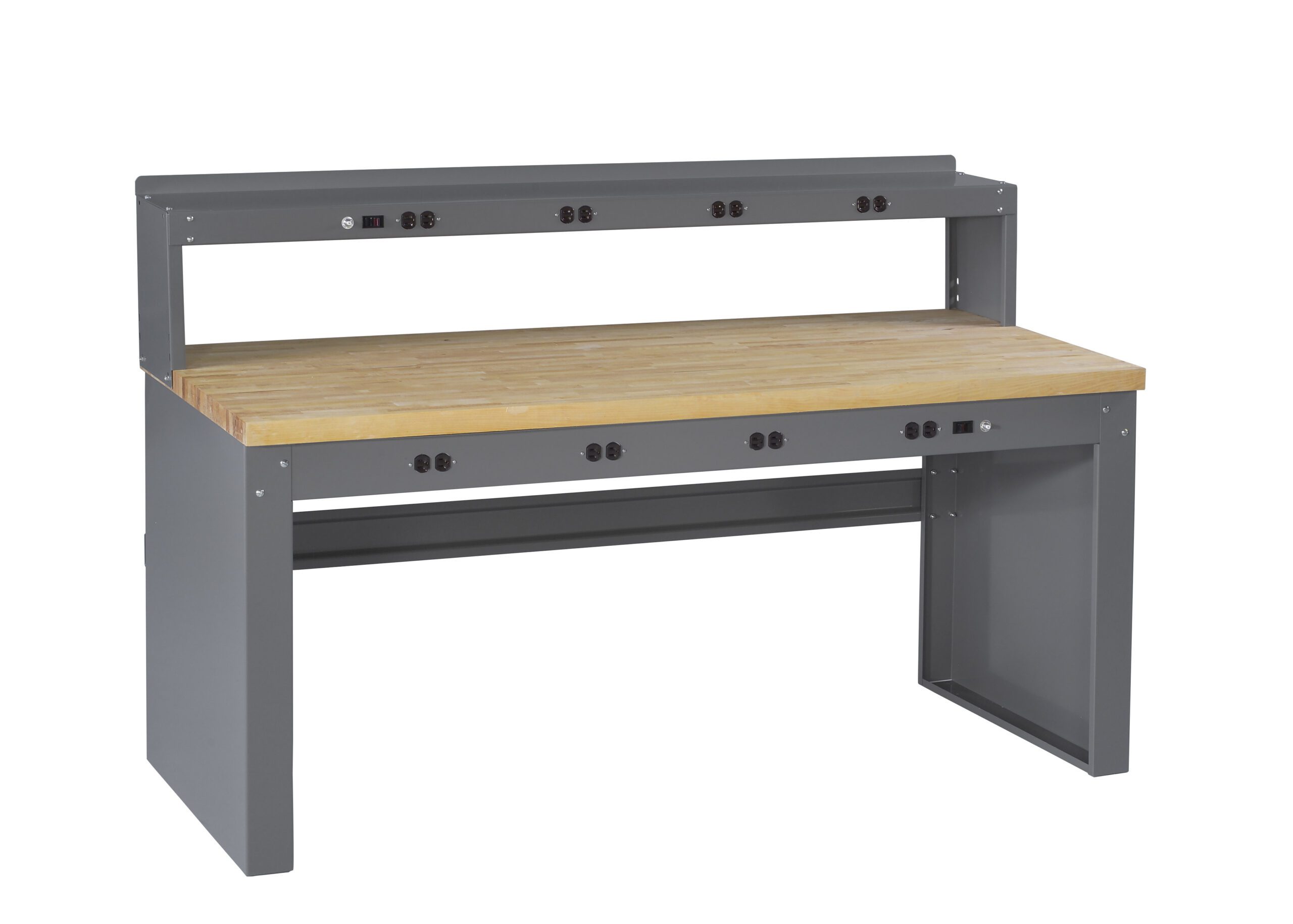 Tennsco "D Electronic Workbench With Butcher Block Top, Stringer, Outlet Panel and Electronic Riser Medium Grey