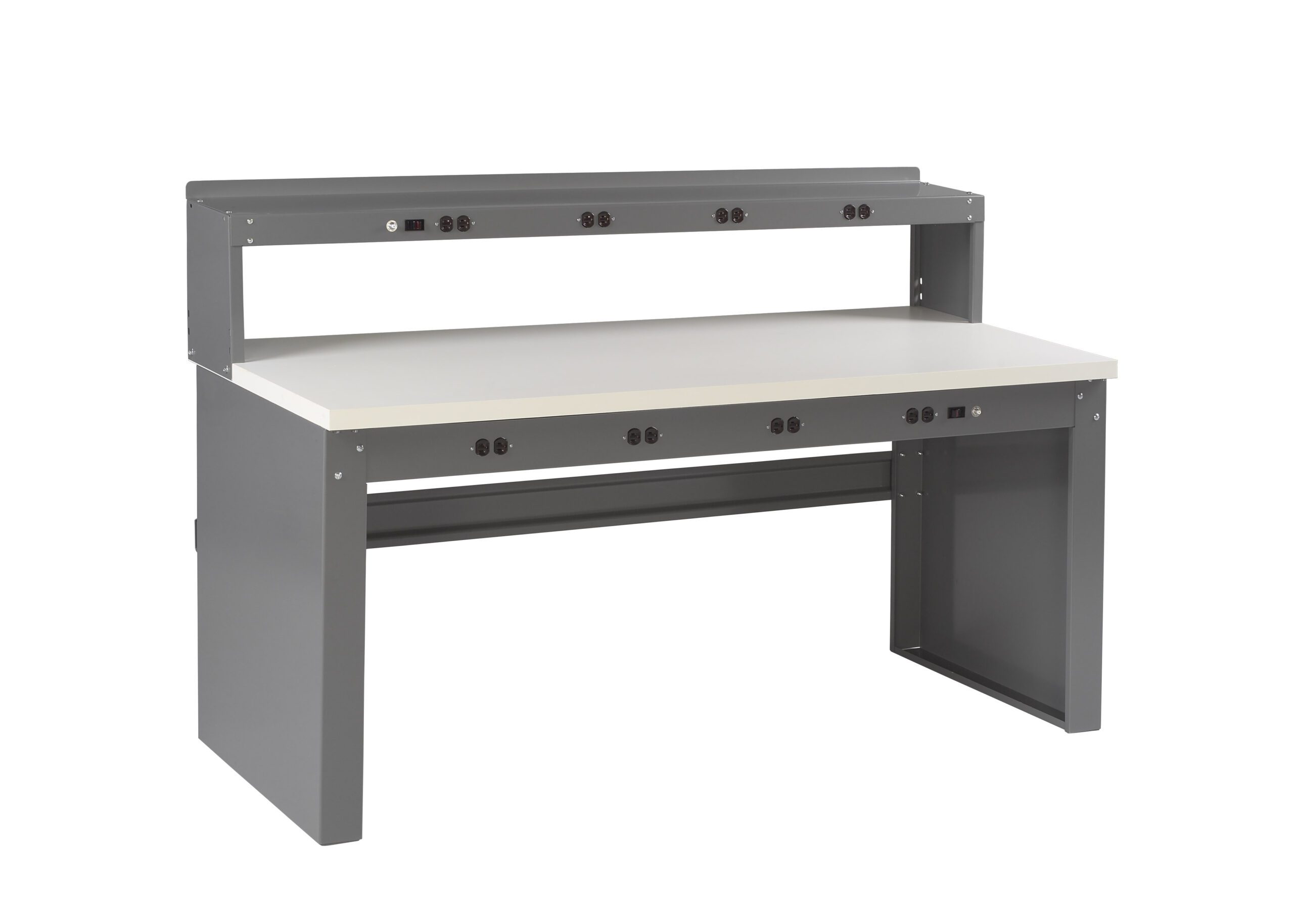 Tennsco "D Electronic Workbench With Plastic Top, Stringer, Outlet Panel and Electronic Riser Medium Grey