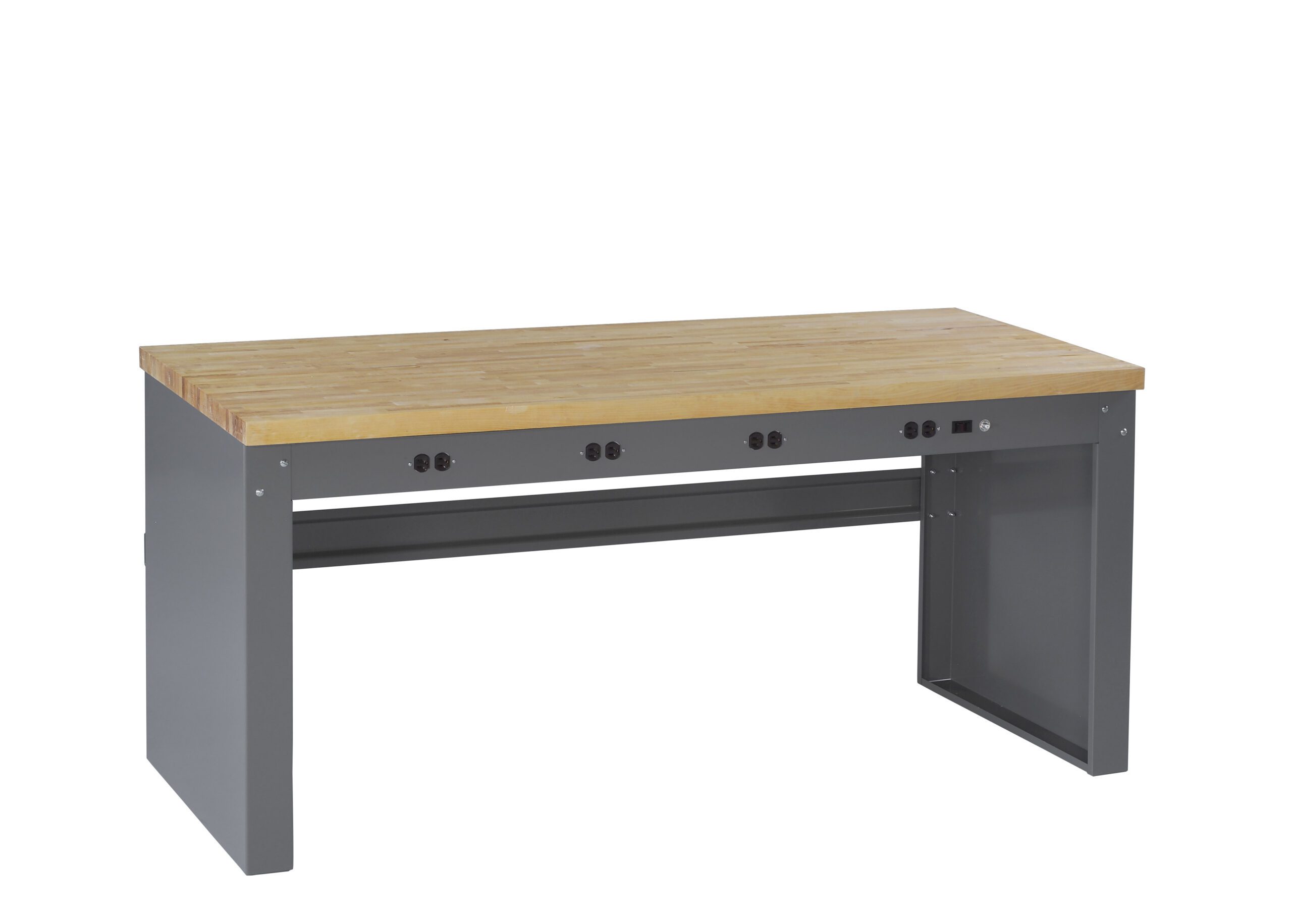 Tennsco "D Electronic Workbench With Butcher Block Top, Stringer and Outlet Panel Medium Grey