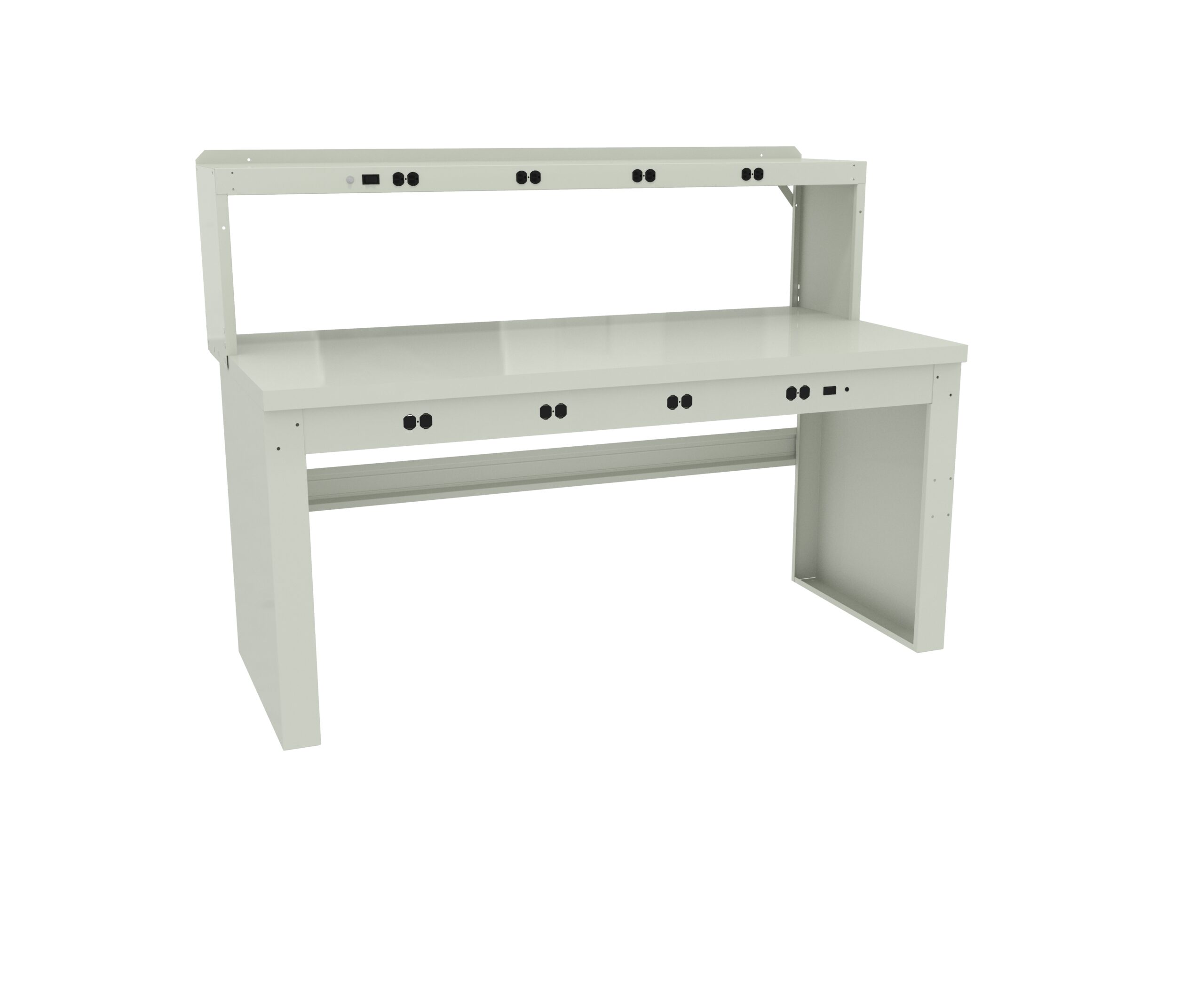 Tennsco "D Electronic Workbench With Butcher Block Top, Stringer, Outlet Panel and Electronic Riser Light Grey