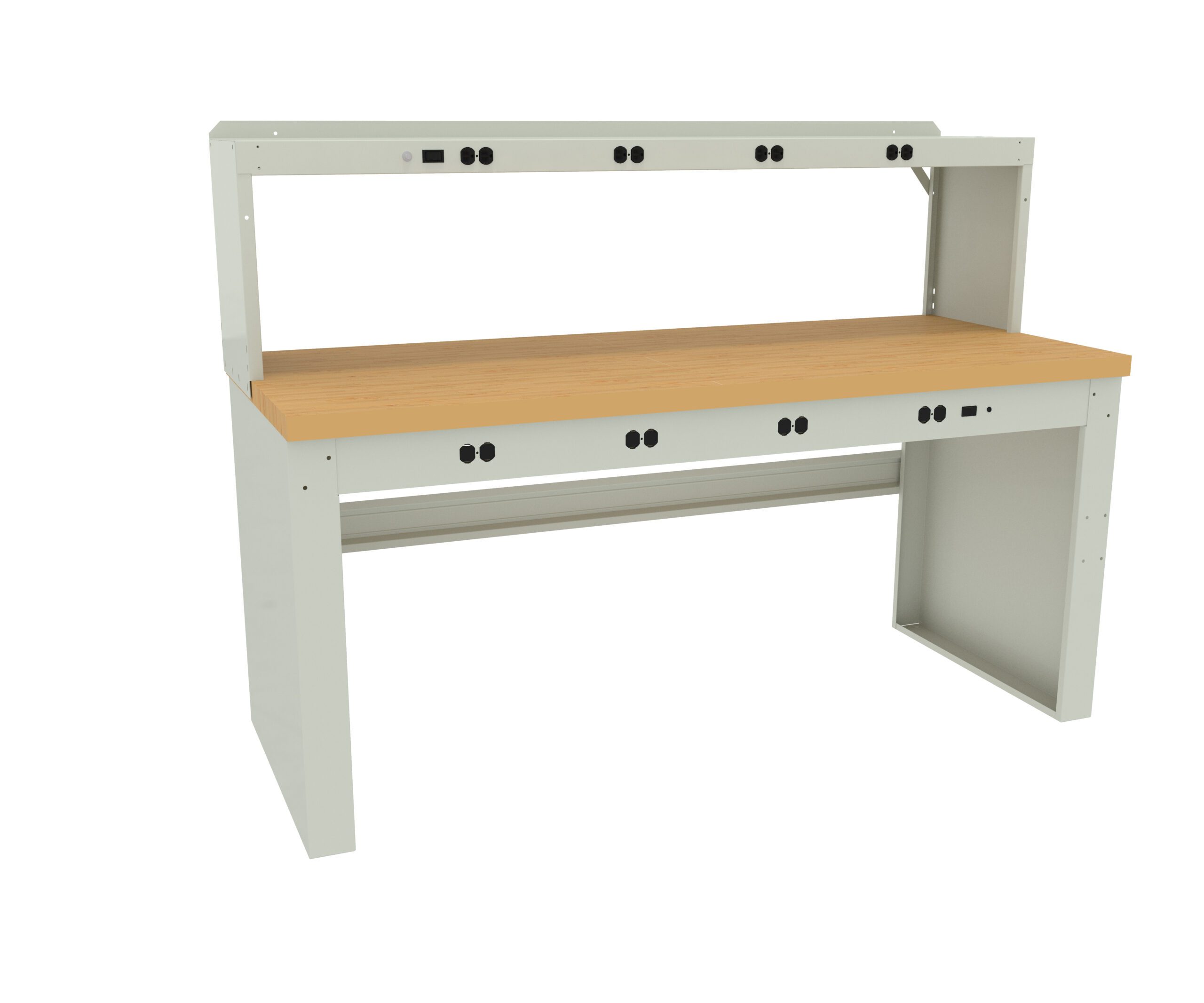 Tennsco "D Electronic Workbench With Butcher Block Top, Stringer, Outlet Panel and Electronic Riser Light Grey