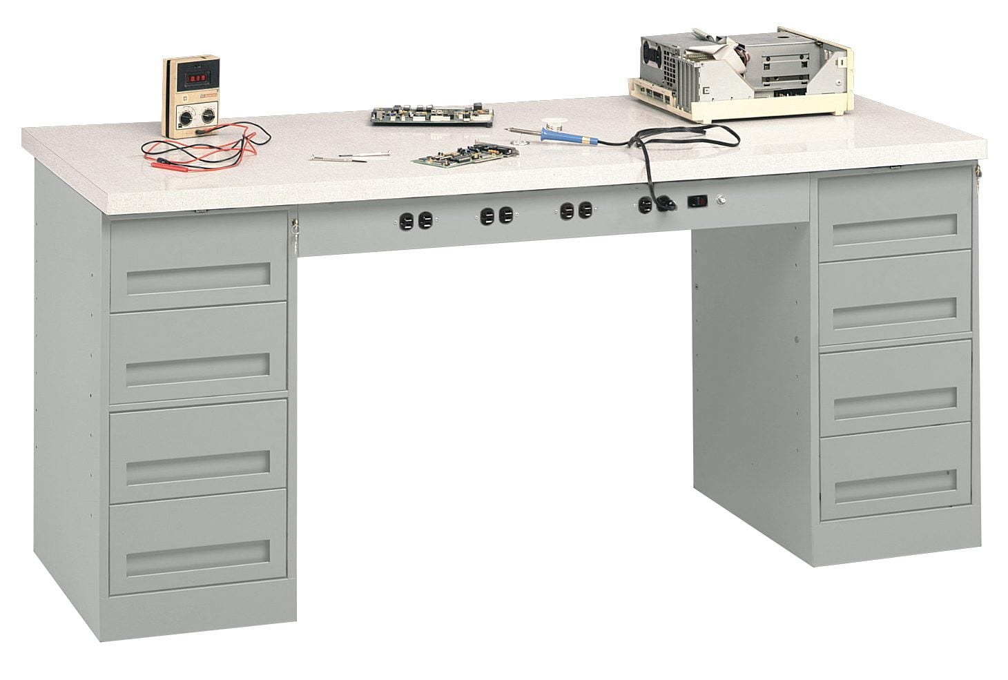 Tennsco "D Electronic Modular Workbench With Plastic Top and Two Drawer Units Light Grey