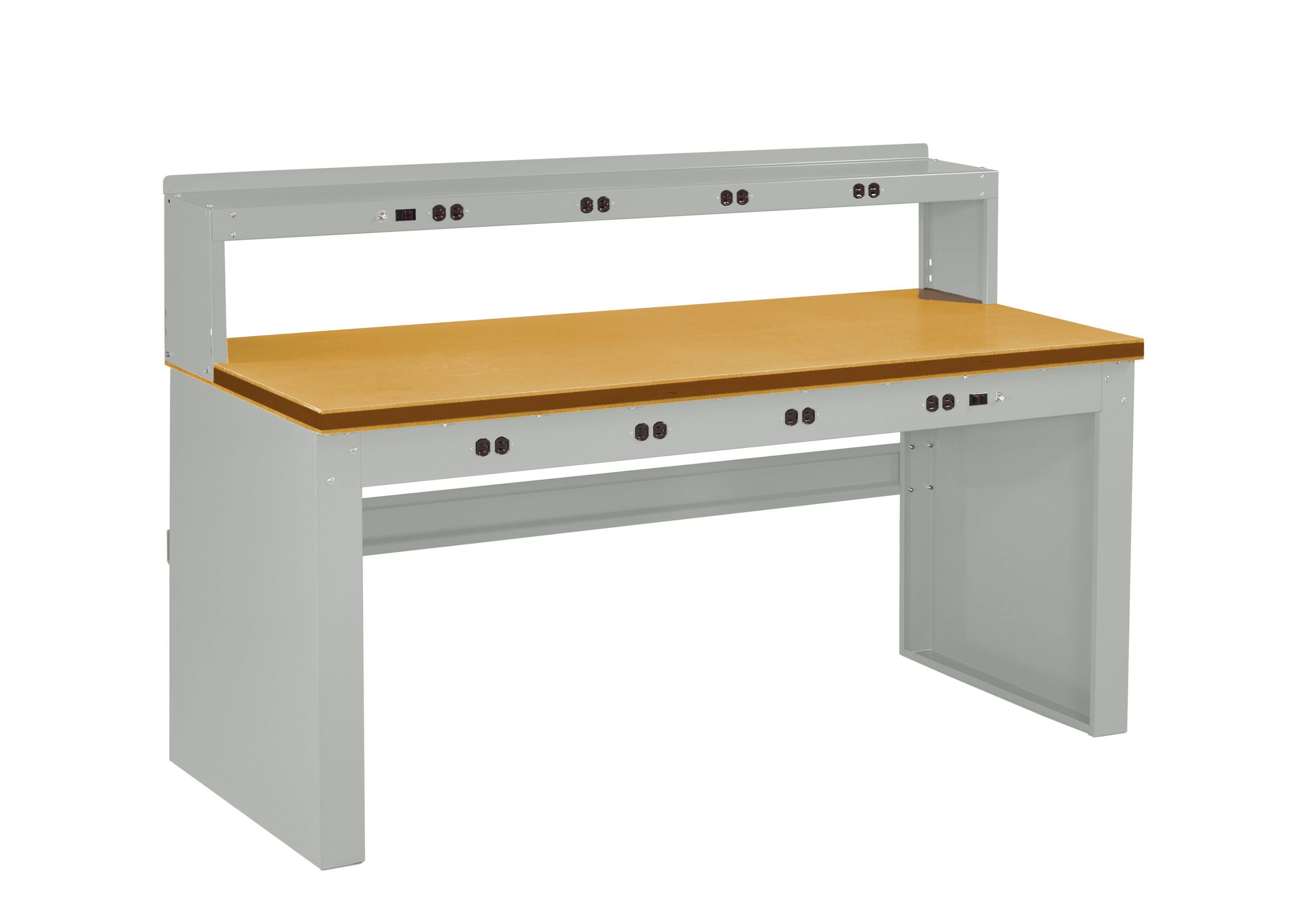 Tennsco "D Electronic Workbench With Compressed Wood Top, Stringer, Outlet Panel and Electronic Riser Light Grey
