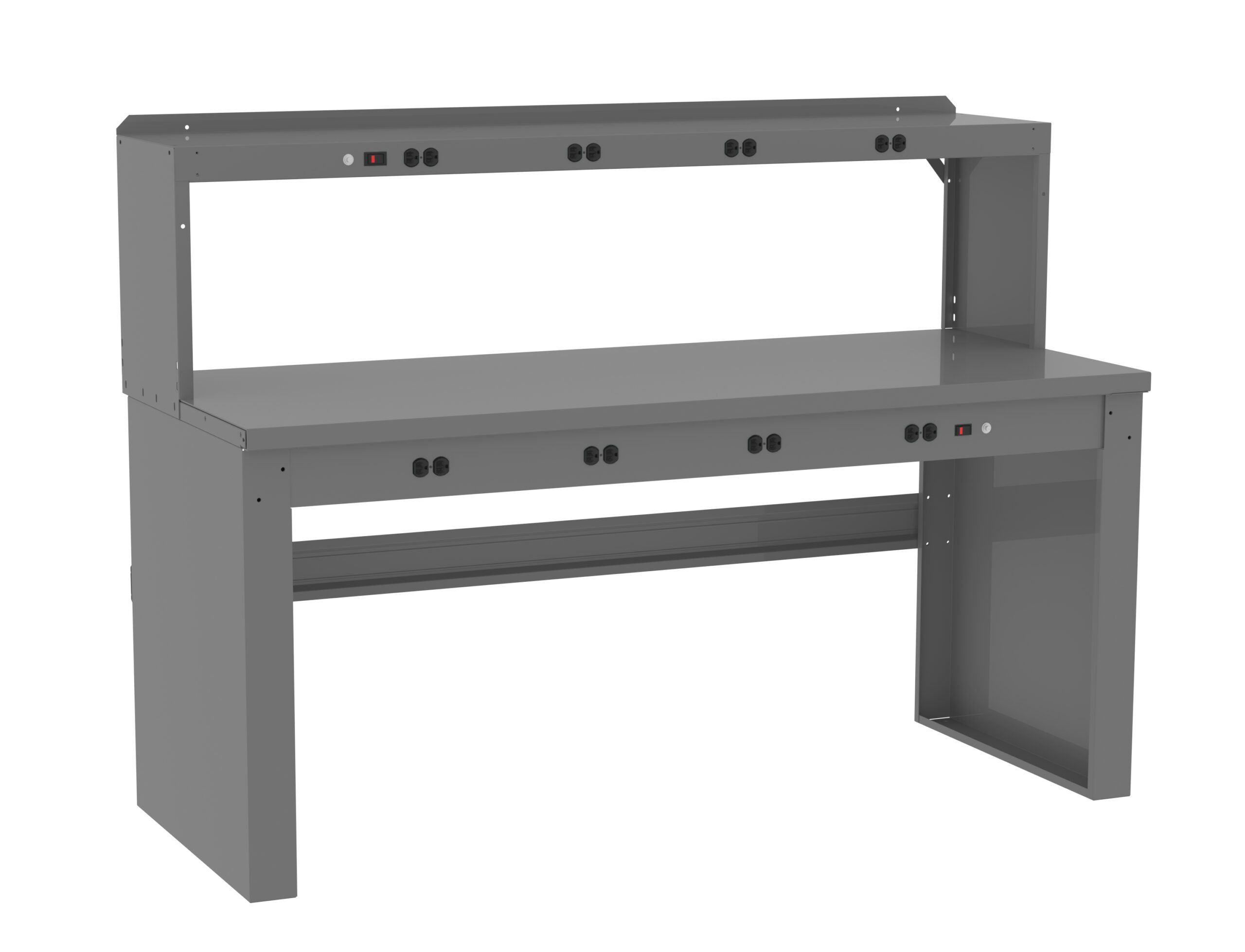 Tennsco "D Electronic Workbench With Steel Top, Stringer, Outlet Panel and Electronic Riser Medium Grey