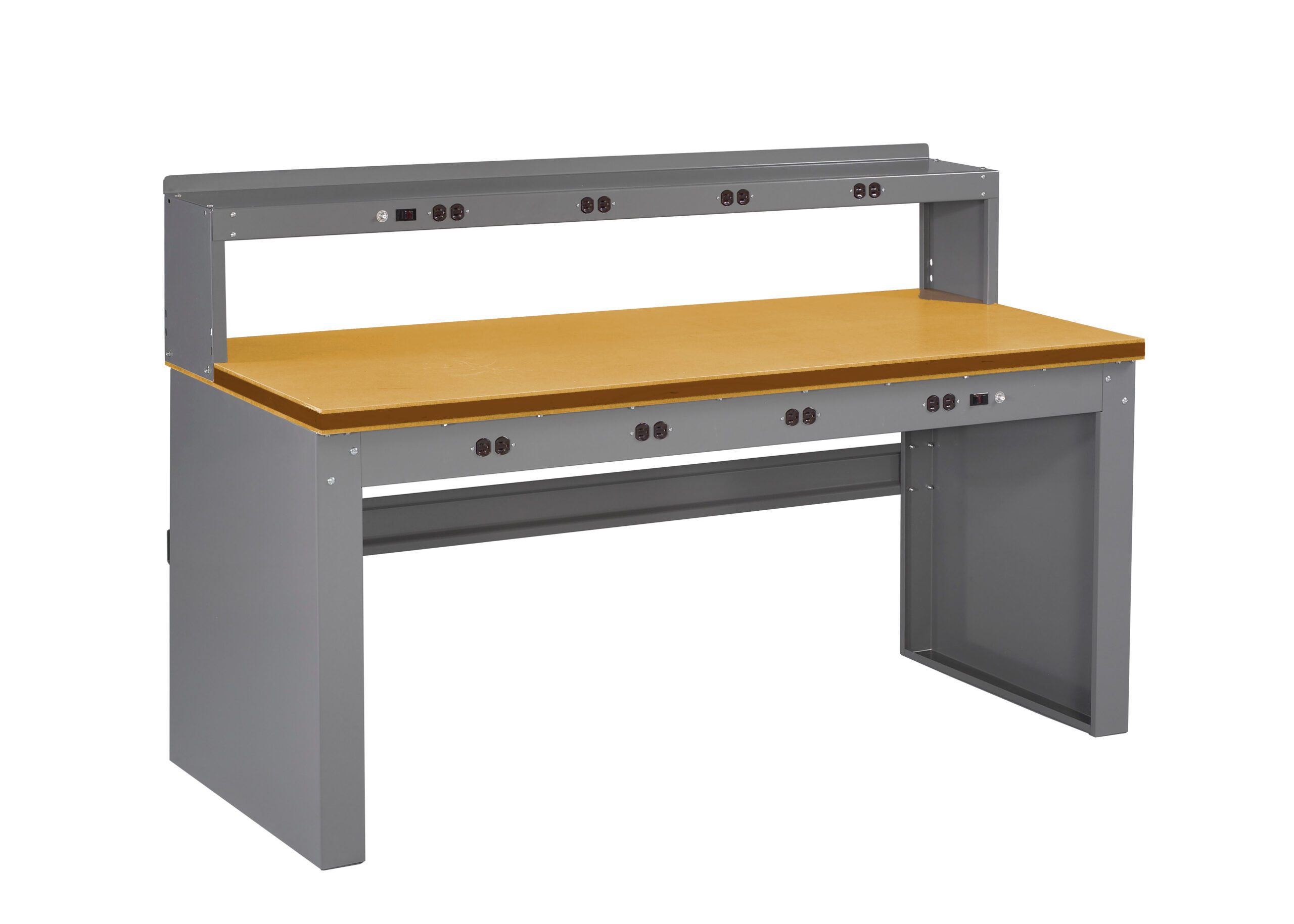 Tennsco "D Electronic Workbench With Compressed Wood Top, Stringer, Outlet Panel and Electronic Riser Medium Grey