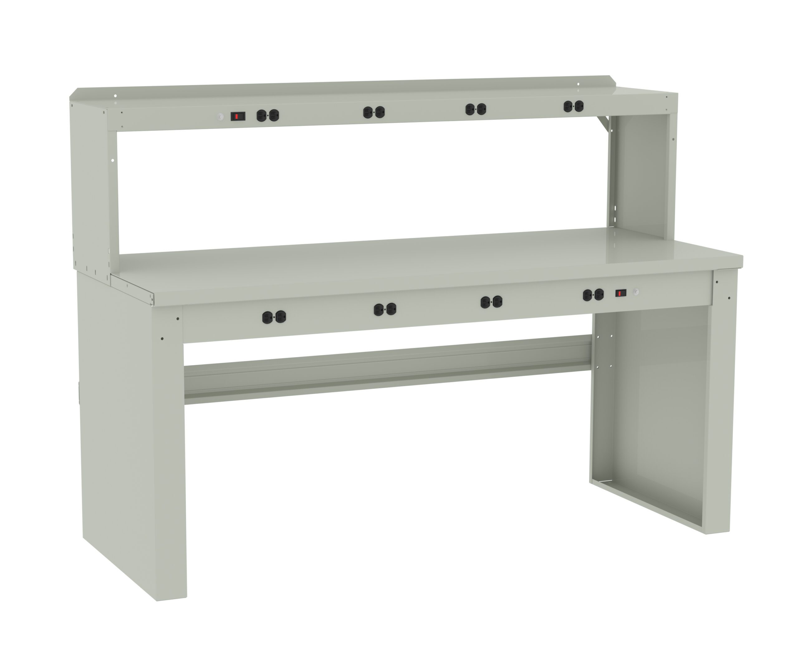 Tennsco "D Electronic Workbench With Steel Top, Stringer, Outlet Panel and Electronic Riser Light Grey