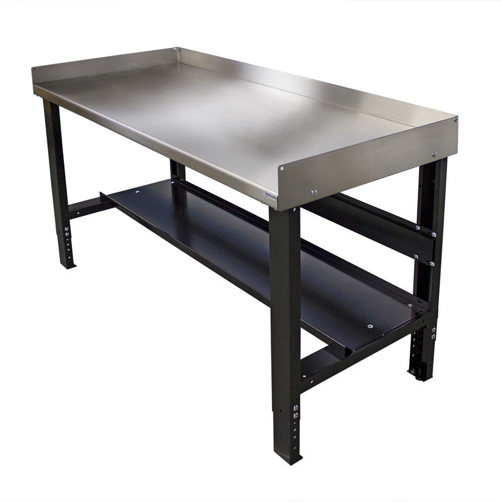 Borroughs Adjustable Height Steel Top Workbench, with Bottom Shelf & Back & End Guards