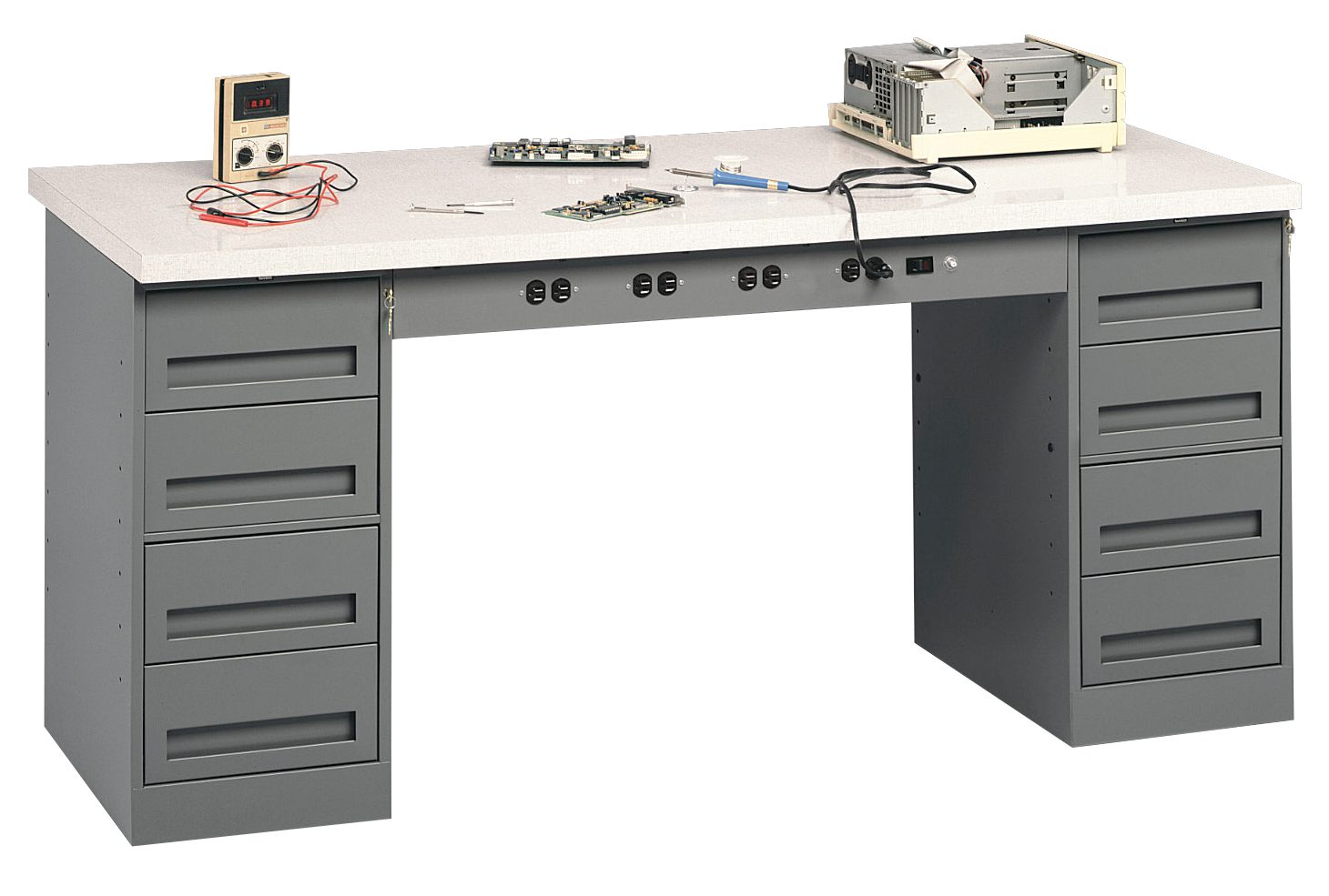 Tennsco "D Electronic Modular Workbench With Plastic Top and Two Drawer Units Medium Grey