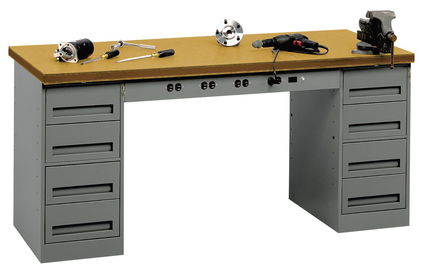 Tennsco "D Electronic Modular Workbench With Compressed Wood Top and Two Drawer Units Medium Grey
