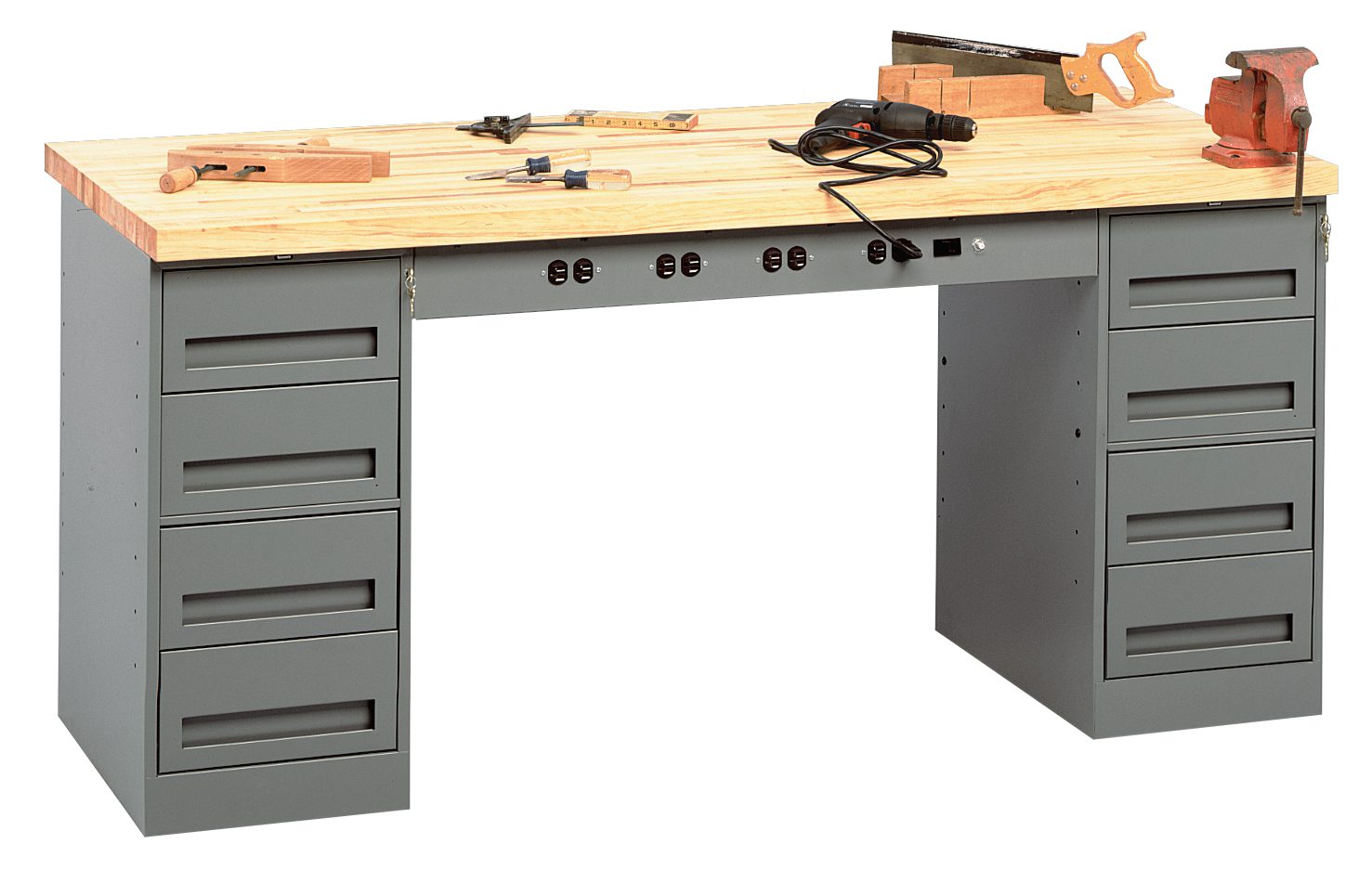 Tennsco "D Electronic Modular Workbench With Butcher Block Top and Two Drawer Units Medium Grey