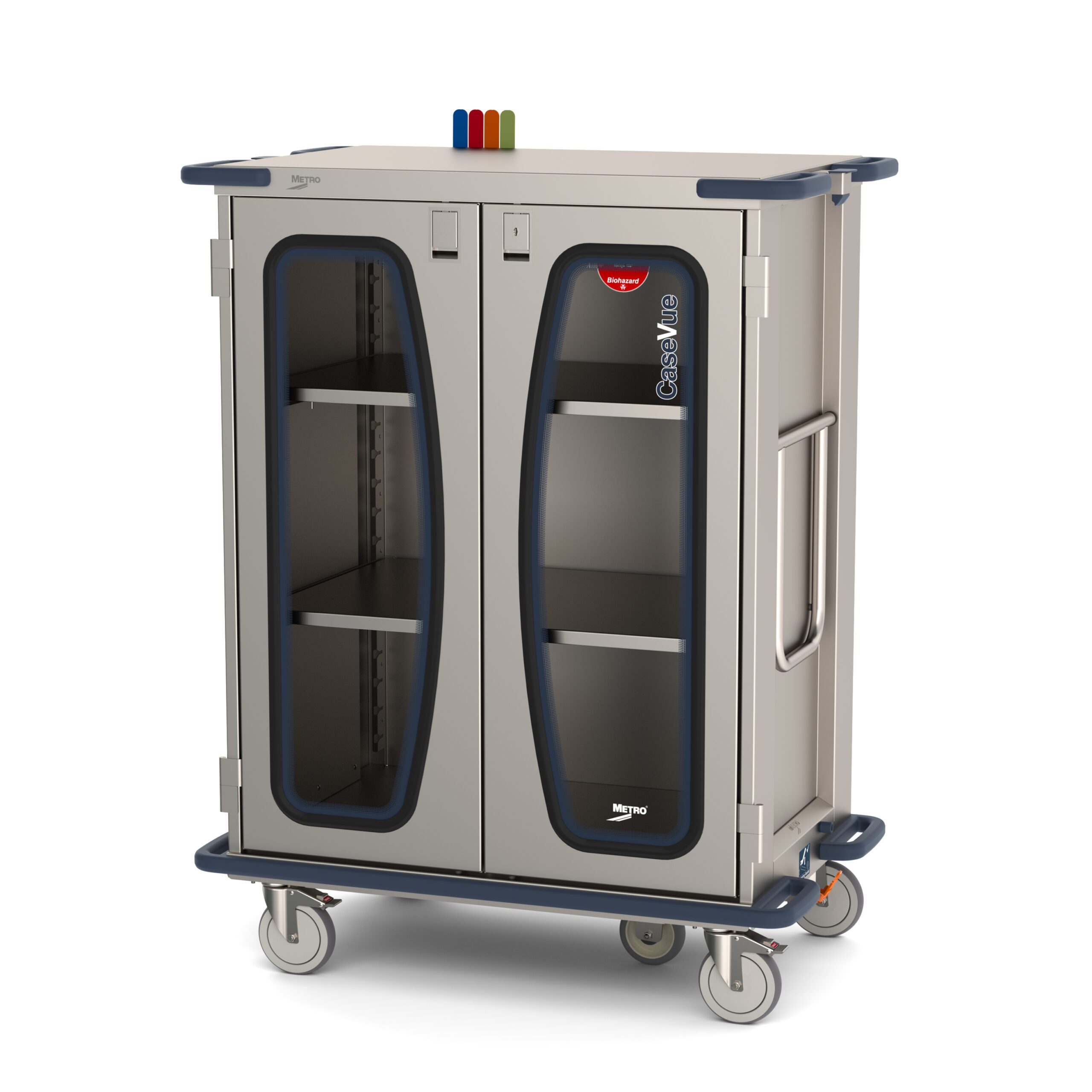 Metro CaseVue CV36HC-5BFH-S2 Surgical Case Cart, 5th Wheel Steering, Color Flags, Swing-up Handle, and Pullout Solid Shelves "D
