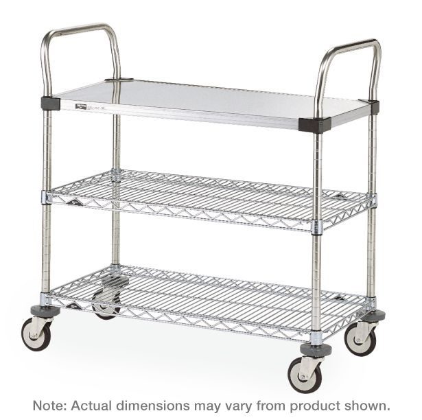 Metro MW Series Utility Cart with 1 Steel Solid and 2 Chrome Wire Shelves