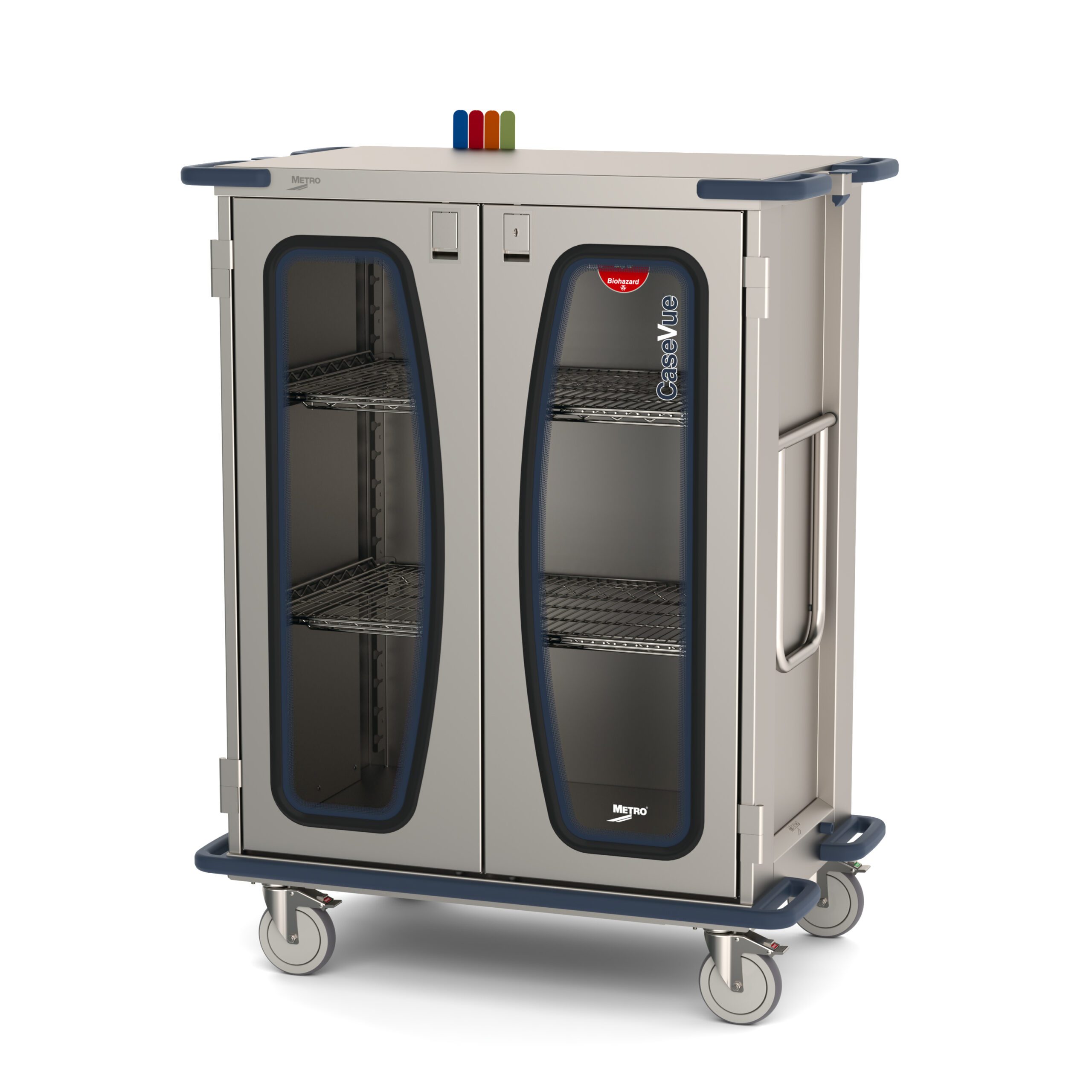 Metro CaseVue CV36HC Surgical Case Cart, Color Flags, Swing-up Handle, and Pullout Wire Shelves "D
