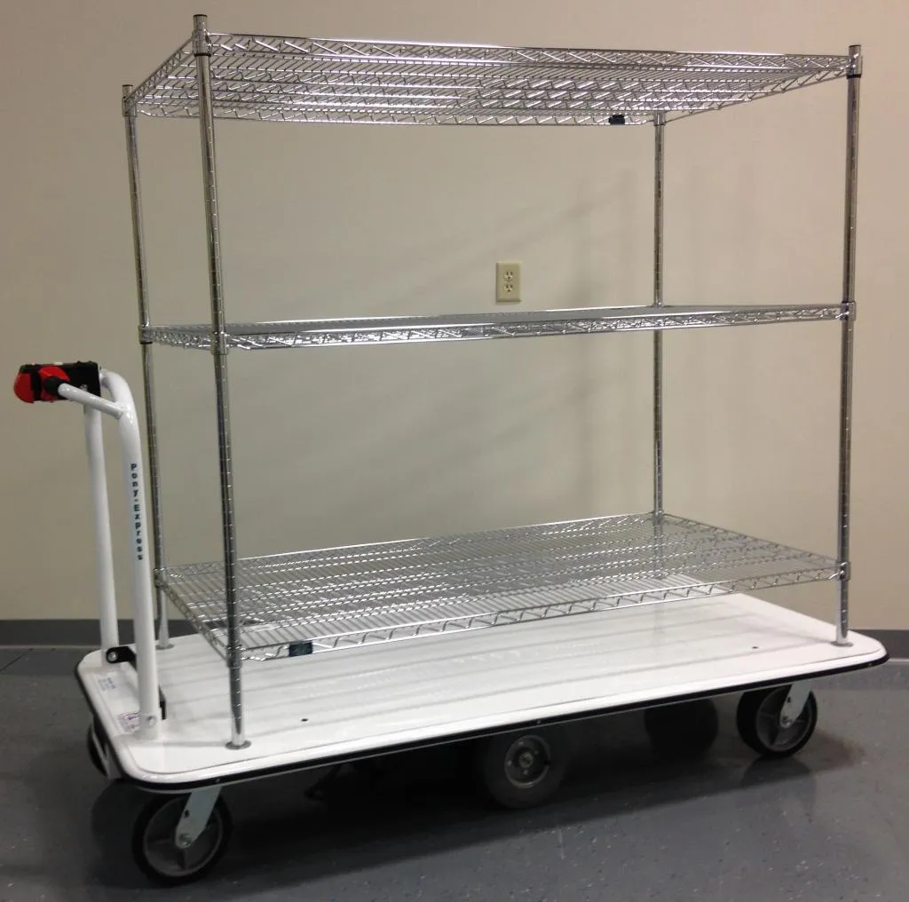 Electro Kinetic Technologies, Pony Express Motorized Stock Cart, with 30" wide x 60" long x 54" high shelving unit
