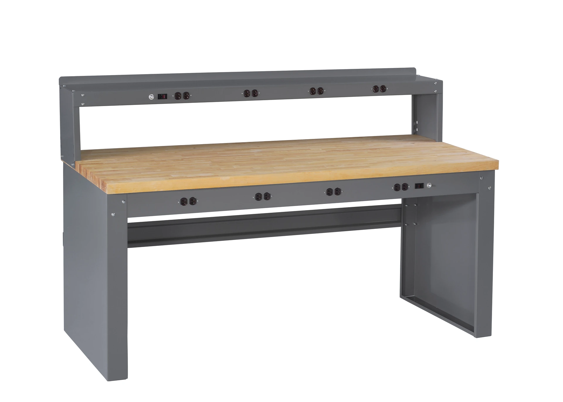 Electronic Workbench With Butcher Block Top, Stringer, Outlet Panel and Electronic Riser Medium Grey